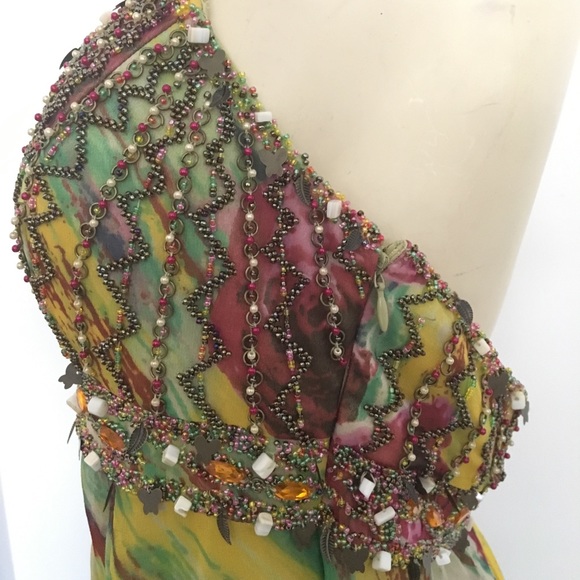 Sue Wong multicolored beaded silk halter dress with handkerchief hemline - Picture 6 of 8